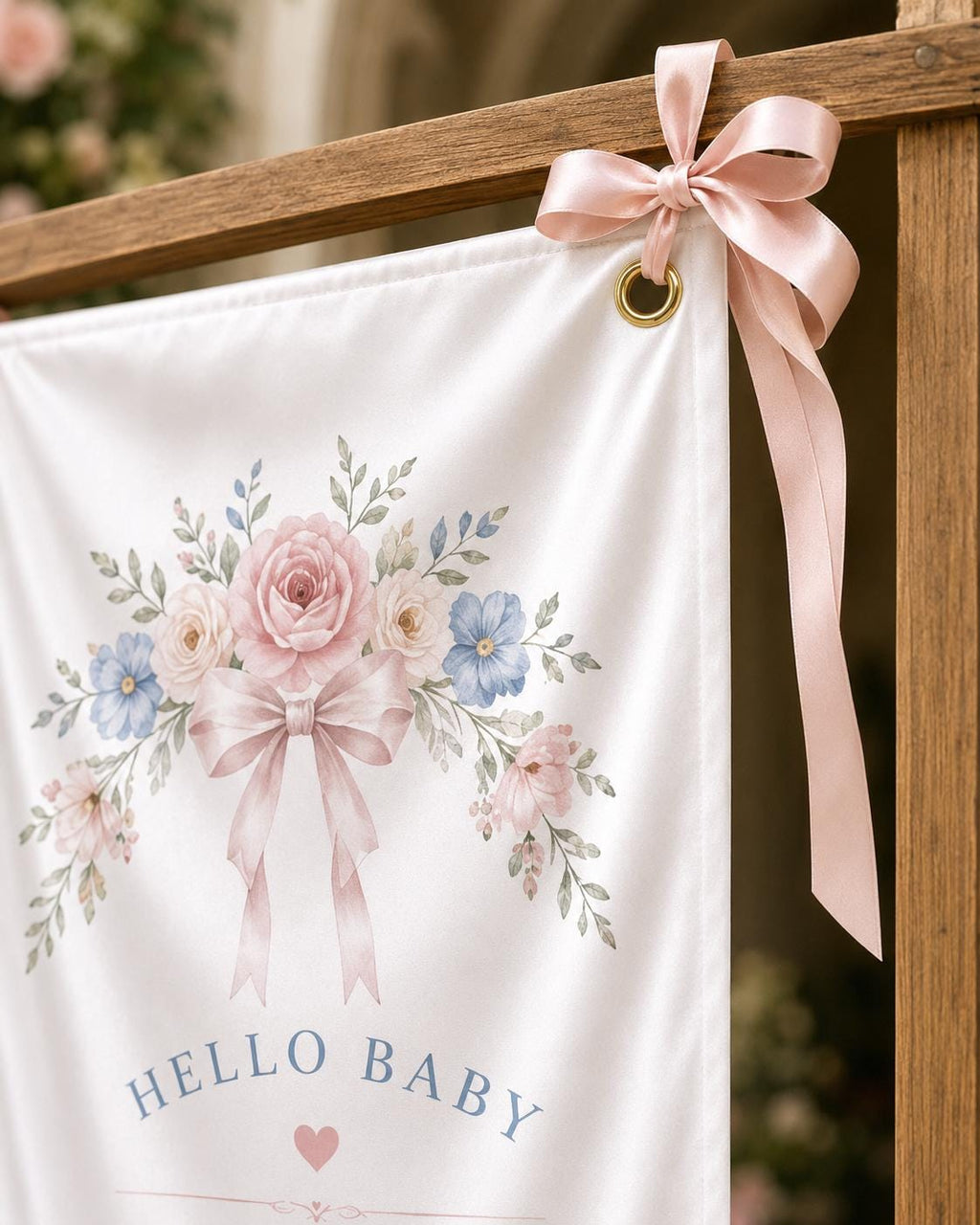 Personalized Baby Shower Welcome Banner, Floral Satin Fabric Sign With Ribbon - product image 6