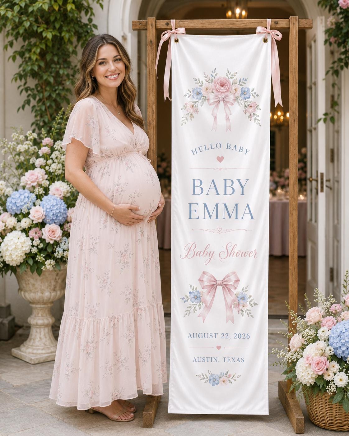 Personalized Baby Shower Welcome Banner, Floral Satin Fabric Sign With Ribbon - product image 2