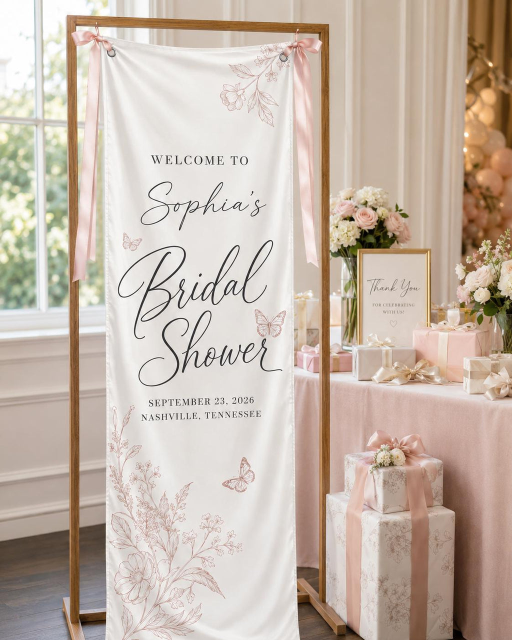 Personalized Bridal Shower Welcome Banner, Satin Fabric Sign With Ribbon - product image 1