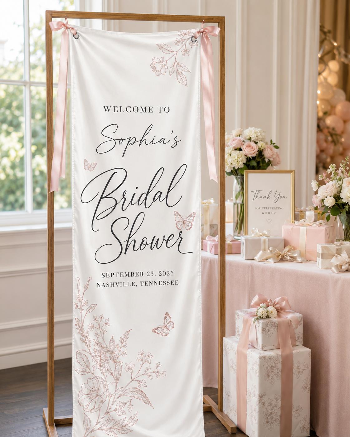 Personalized Bridal Shower Welcome Banner, Satin Fabric Sign With Ribbon - product image 1