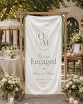 Custom Engagement Party Banner, Personalized Fabric Welcome Sign, We’re Engaged Satin Banner - product image 1