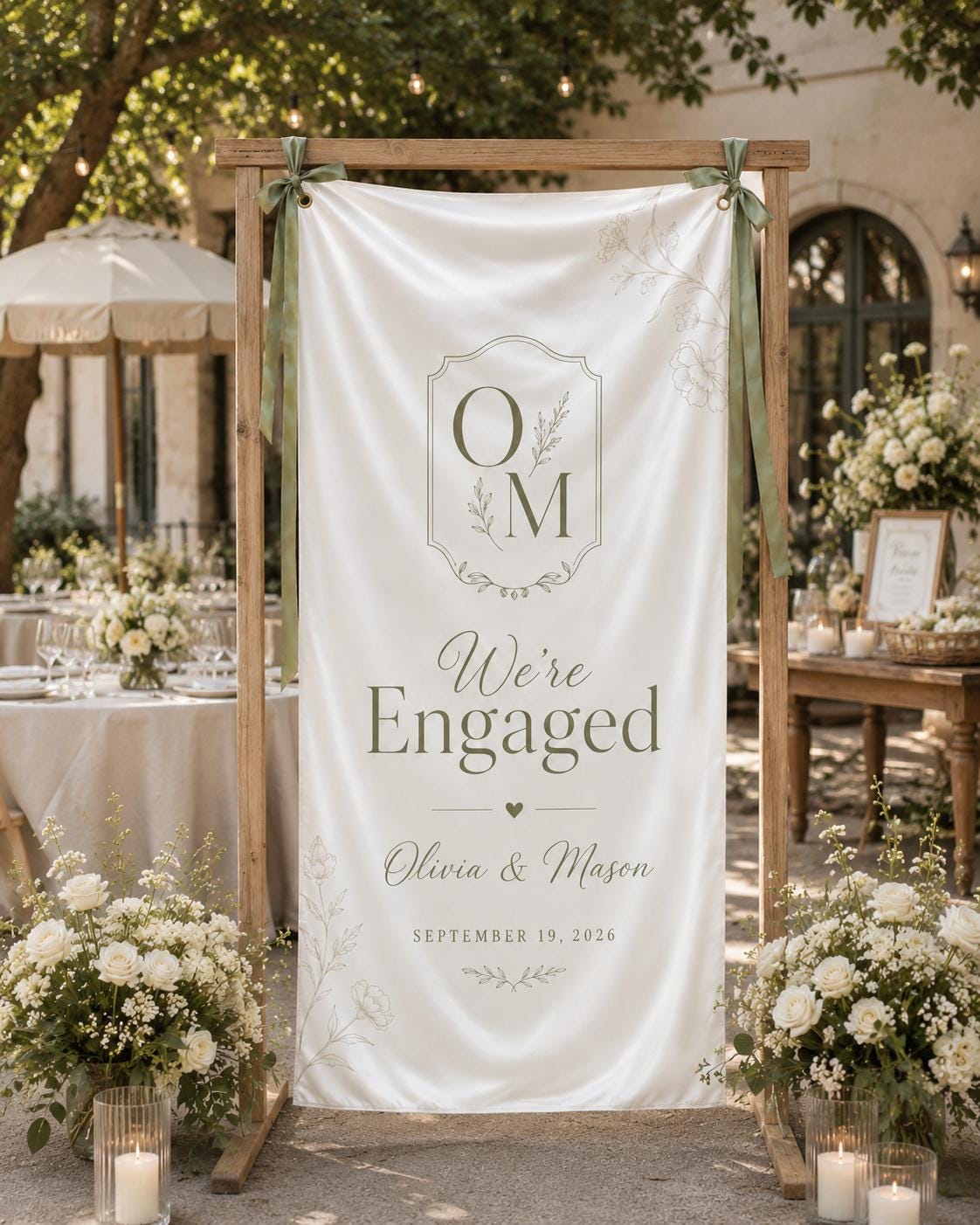 Custom Engagement Party Banner, Personalized Fabric Welcome Sign, We’re Engaged Satin Banner - product image 1