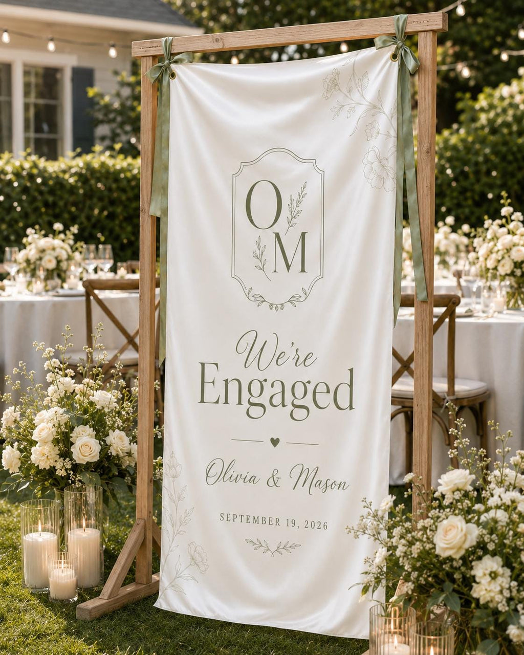 Custom Engagement Party Banner, Personalized Fabric Welcome Sign, We’re Engaged Satin Banner - product image 9