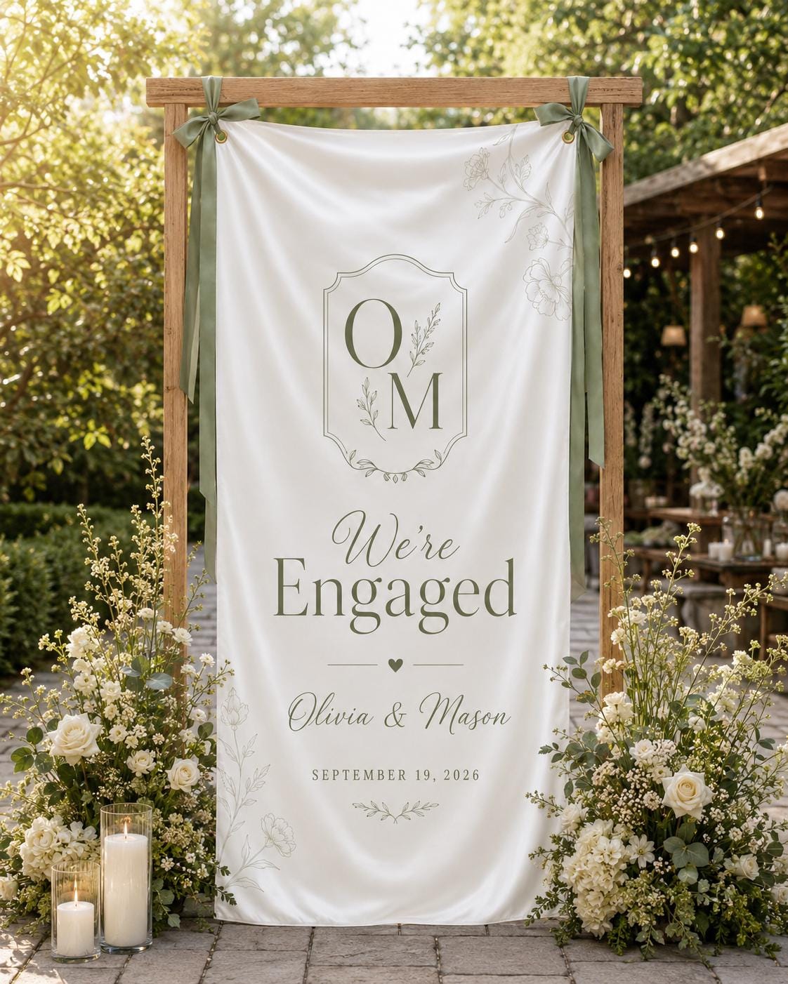Custom Engagement Party Banner, Personalized Fabric Welcome Sign, We’re Engaged Satin Banner - product image 10