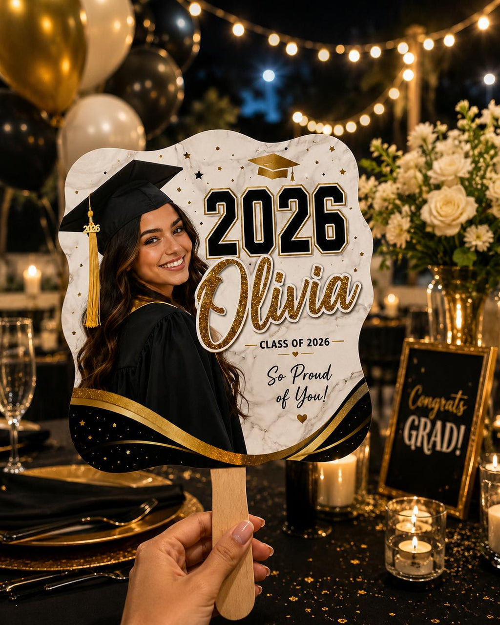 Custom Graduation Photo Fan, Personalized Class of 2026 Glitter Grad Party Prop - product image 4