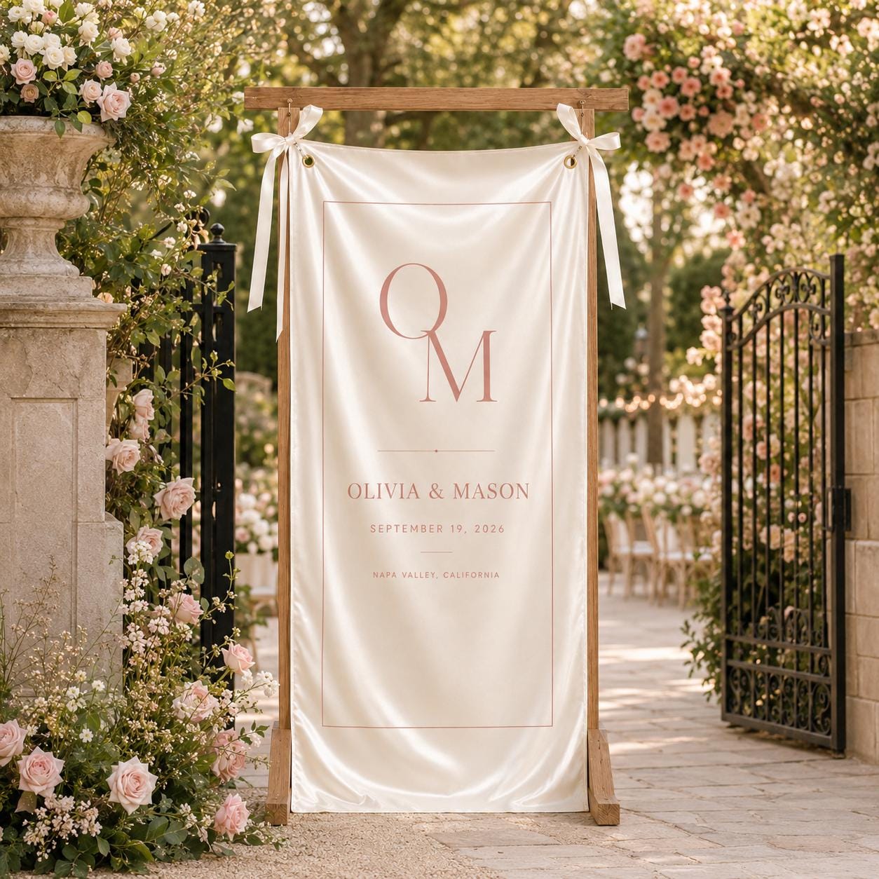Minimal Monogram Wedding Banner, Personalized Satin Fabric Welcome Sign, Custom Couple Initials Banner - product image 10