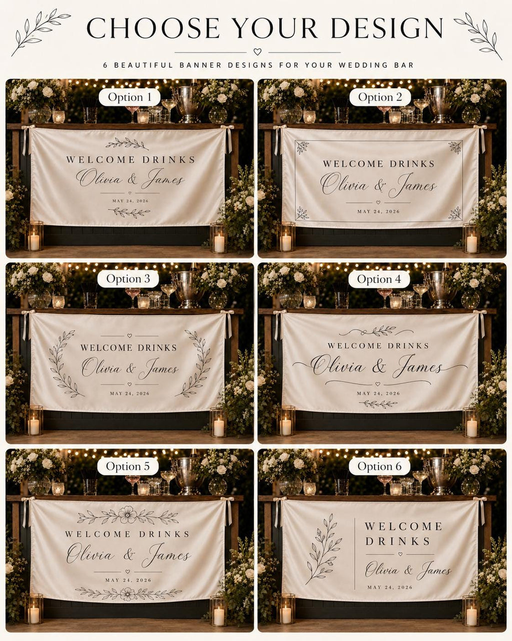 Welcome Drinks Wedding Banner, Custom Fabric Bar Sign, Personalized Satin Reception Table Banner - product image 2