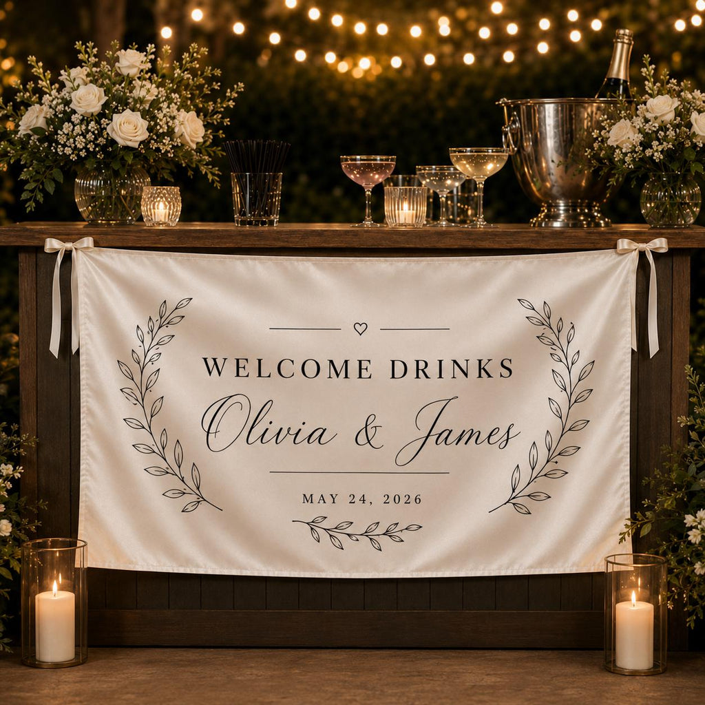 Welcome Drinks Wedding Banner, Custom Fabric Bar Sign, Personalized Satin Reception Table Banner - product image 7