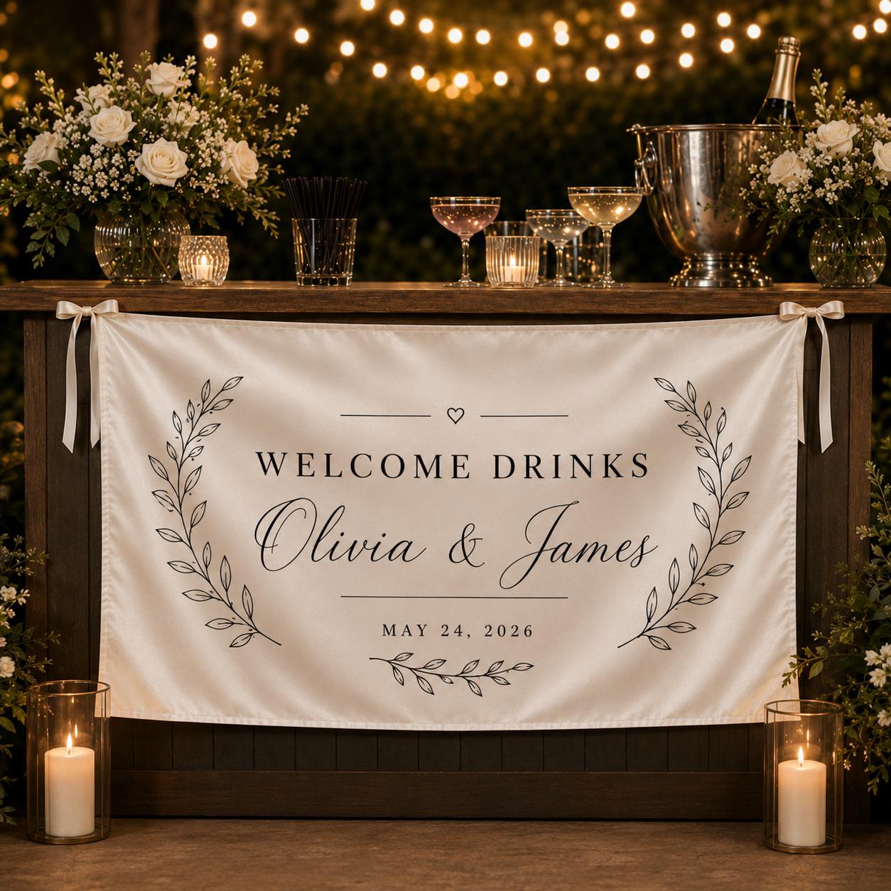 Welcome Drinks Wedding Banner, Custom Fabric Bar Sign, Personalized Satin Reception Table Banner - product image 7