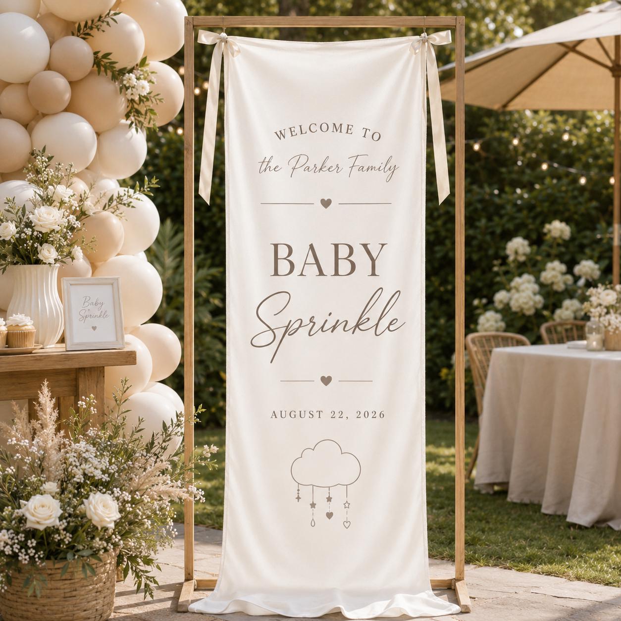 Personalized Baby Sprinkle Welcome Banner, Neutral Satin Party Sign - product image 1