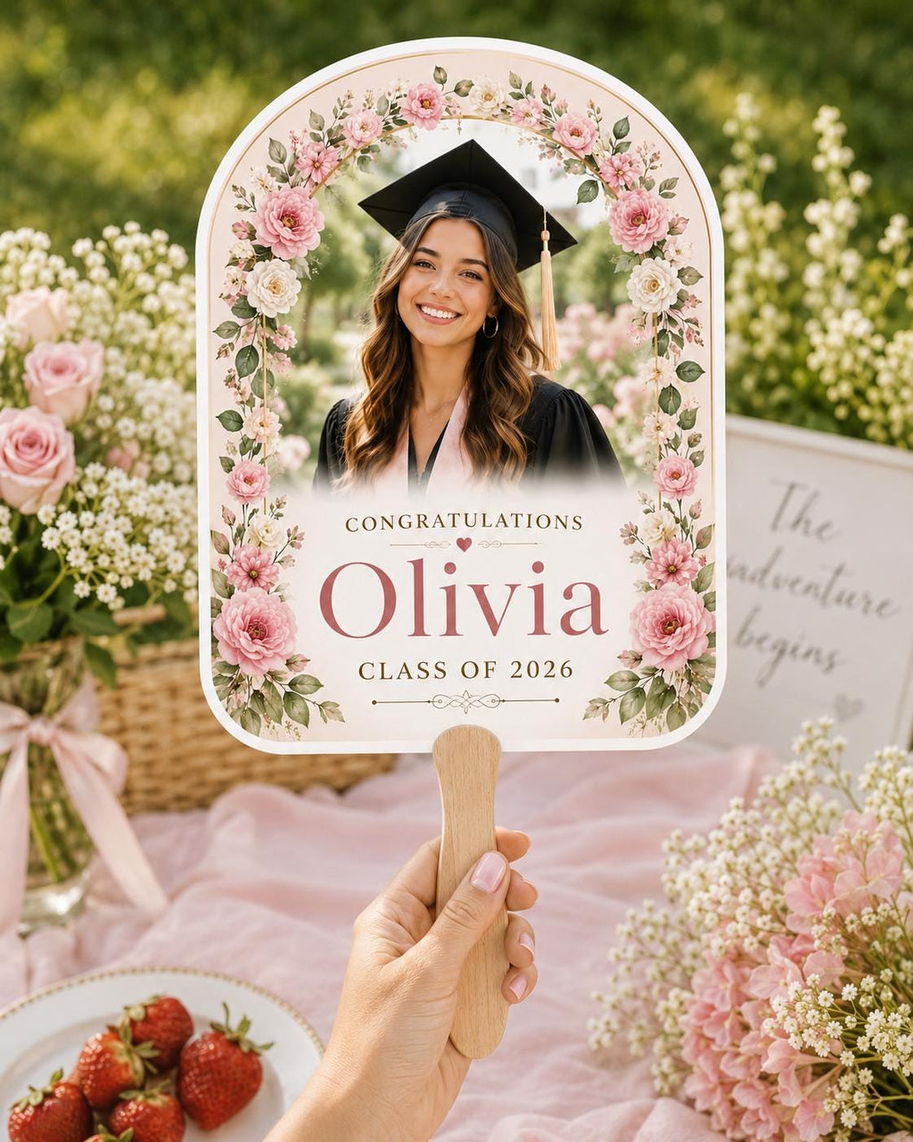 Floral Graduation Photo Fan, Custom Class of 2026 Keepsake, Personalized Flower Graduate Souvenir - product image 1