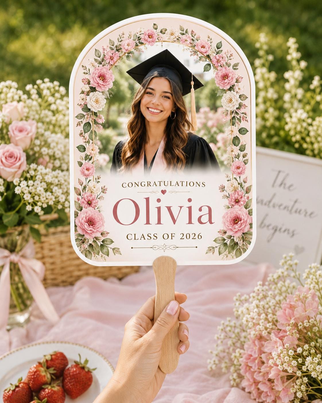 Floral Graduation Photo Fan, Custom Class of 2026 Keepsake, Personalized Flower Graduate Souvenir - product image 1