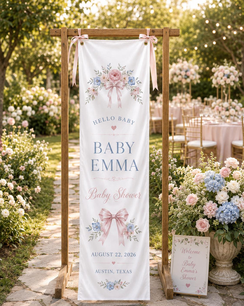 Personalized Baby Shower Welcome Banner, Floral Satin Fabric Sign With Ribbon - product image 8