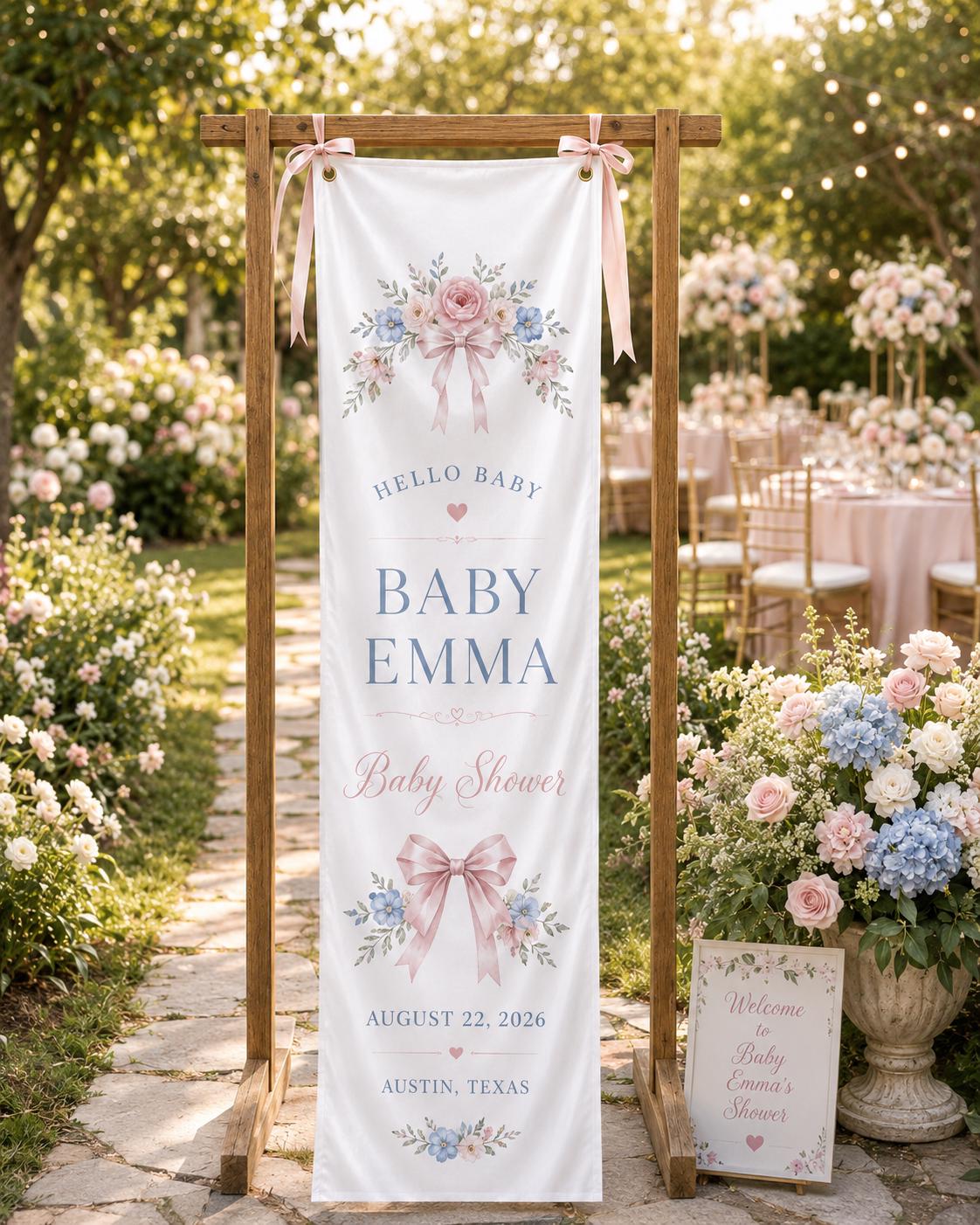 Personalized Baby Shower Welcome Banner, Floral Satin Fabric Sign With Ribbon - product image 8
