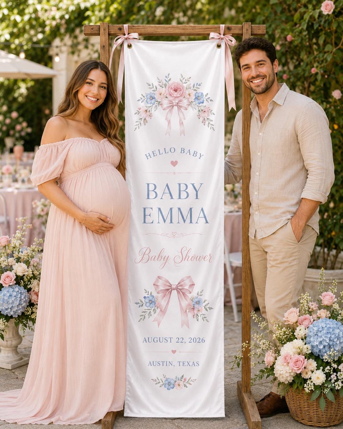Personalized Baby Shower Welcome Banner, Floral Satin Fabric Sign With Ribbon - product image 1