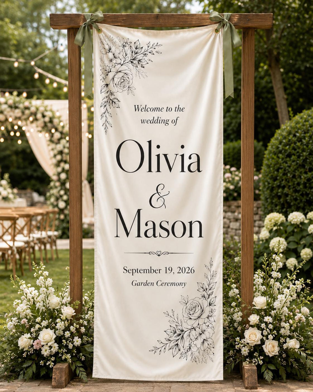 Personalized Wedding Welcome Banner, Floral Satin Ceremony Sign - product image 1