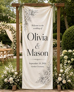 Personalized Wedding Welcome Banner, Floral Satin Ceremony Sign – main product view