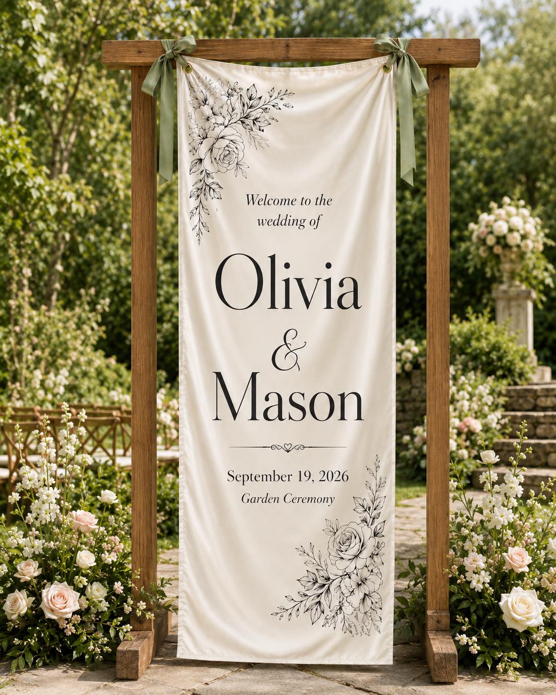 Personalized Wedding Welcome Banner, Floral Satin Ceremony Sign - product image 6