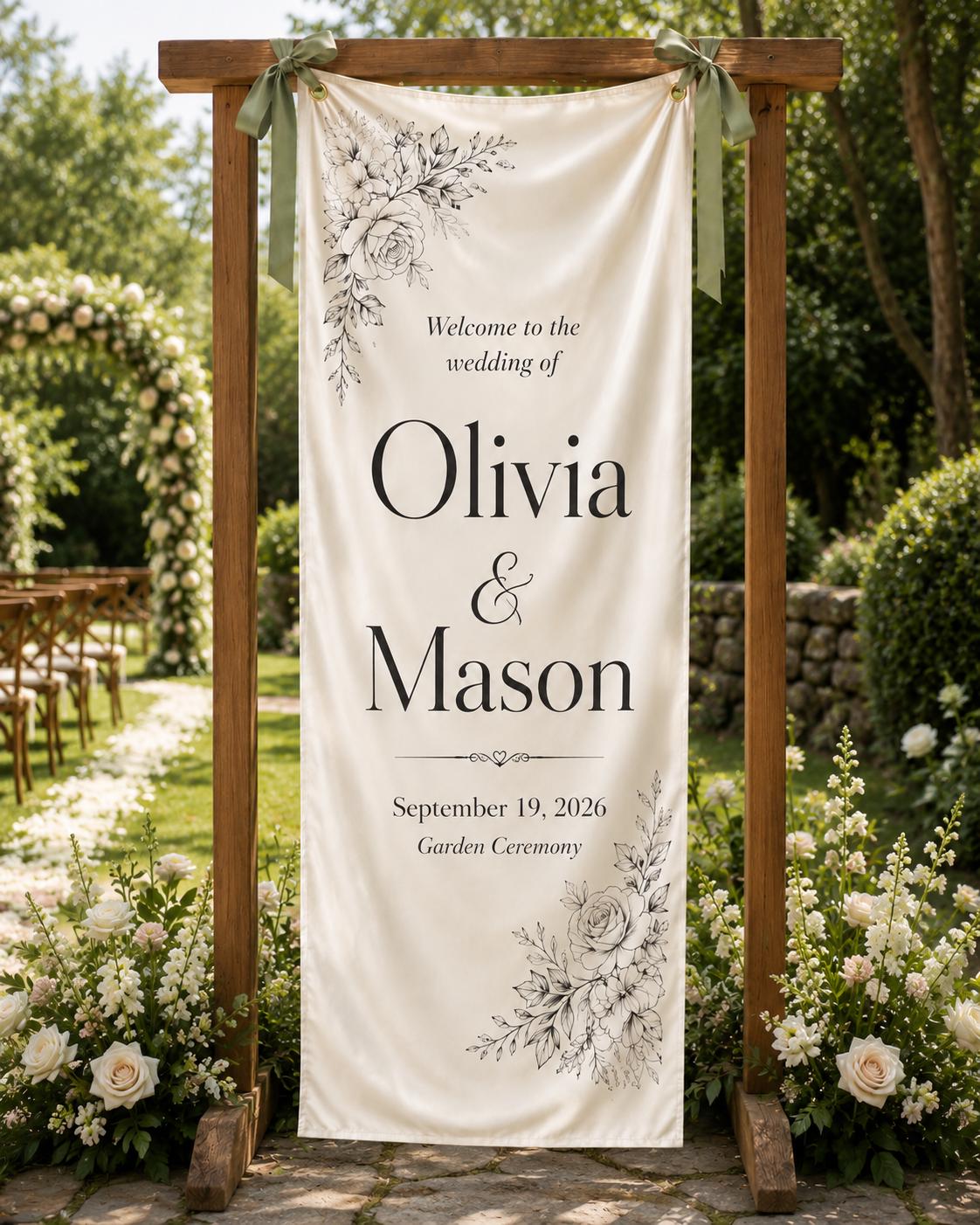 Personalized Wedding Welcome Banner, Floral Satin Ceremony Sign - product image 10