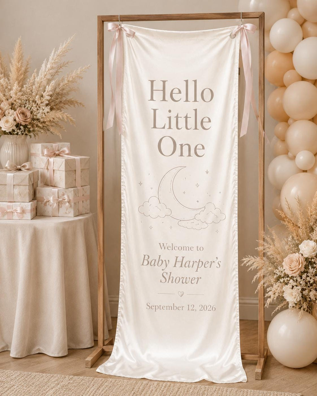 Satin Welcome Baby Shower Banner, Personalized Neutral Decor, Moon Clouds Sign - product image 2