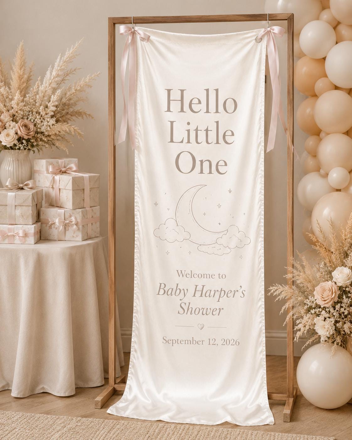 Satin Welcome Baby Shower Banner, Personalized Neutral Decor, Moon Clouds Sign - product image 2