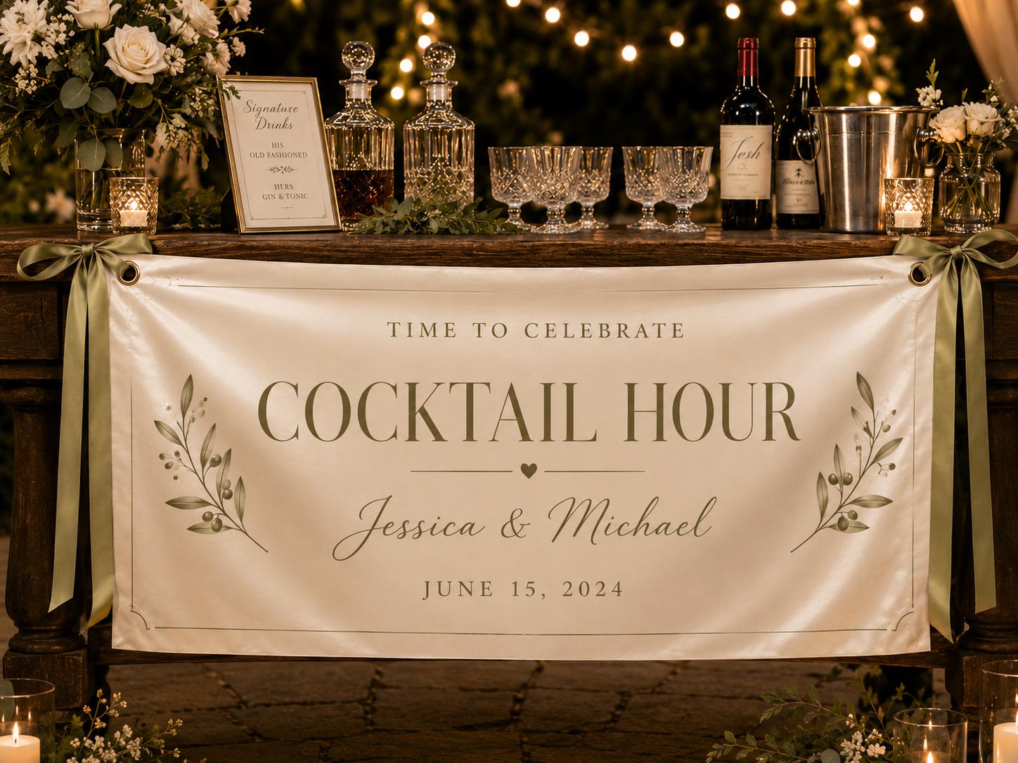 Cocktail Hour Wedding Banner, Custom Fabric Bar Sign, Personalized Satin Reception Banner - product image 7