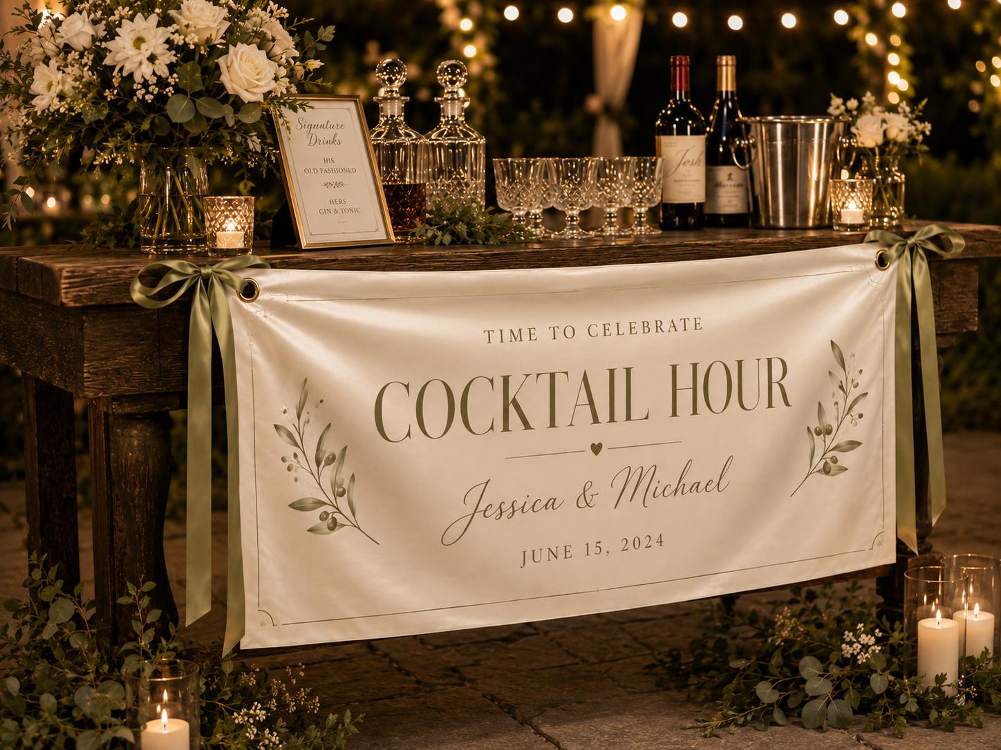 Cocktail Hour Wedding Banner, Custom Fabric Bar Sign, Personalized Satin Reception Banner - product image 6