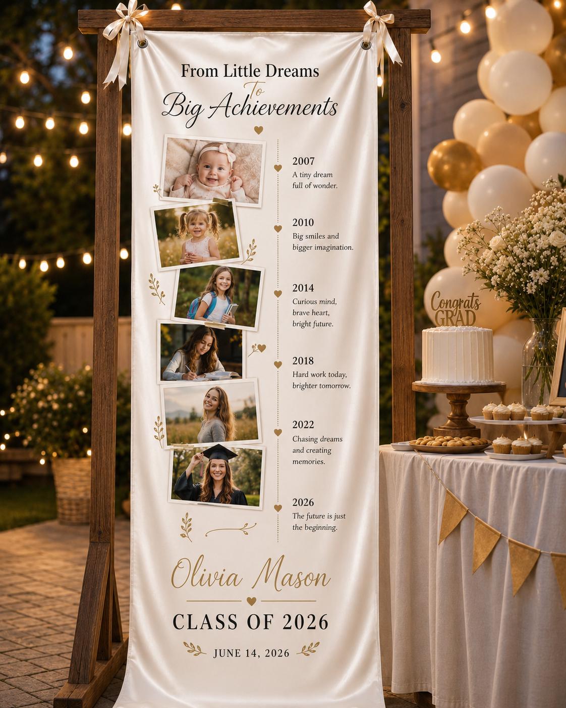 Graduation Timeline Banner, Custom Photo Fabric Sign, Personalized Class of 2026 Satin Banner - product image 2