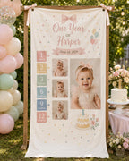 One Year Photo Banner, First Birthday Milestone Fabric Sign, Personalized 12 Month Satin Banner – product photo 5