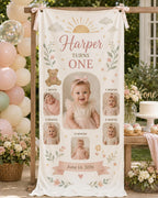 One Year Photo Banner, First Birthday Milestone Fabric Sign, Personalized 12 Month Satin Banner – main product view