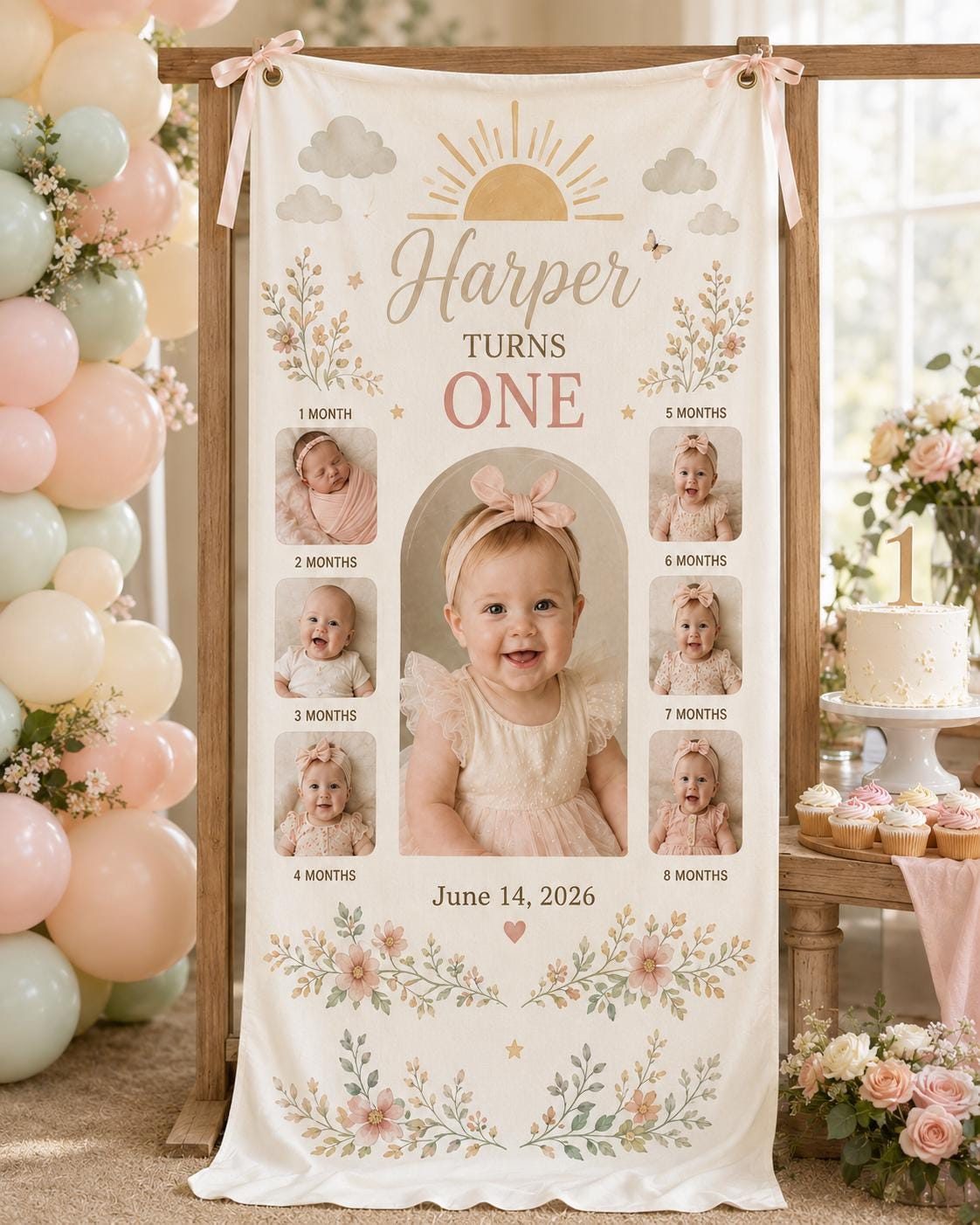One Year Photo Banner, First Birthday Milestone Fabric Sign, Personalized 12 Month Satin Banner - product image 8