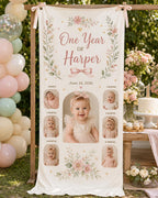 One Year Photo Banner, First Birthday Milestone Fabric Sign, Personalized 12 Month Satin Banner – product photo 2