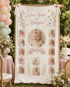 One Year Photo Banner, First Birthday Milestone Fabric Sign, Personalized 12 Month Satin Banner – product photo 7