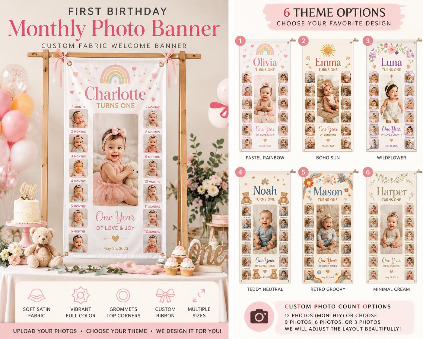 One Year Photo Banner, First Birthday Milestone Fabric Sign, Personalized 12 Month Satin Banner - product image 3