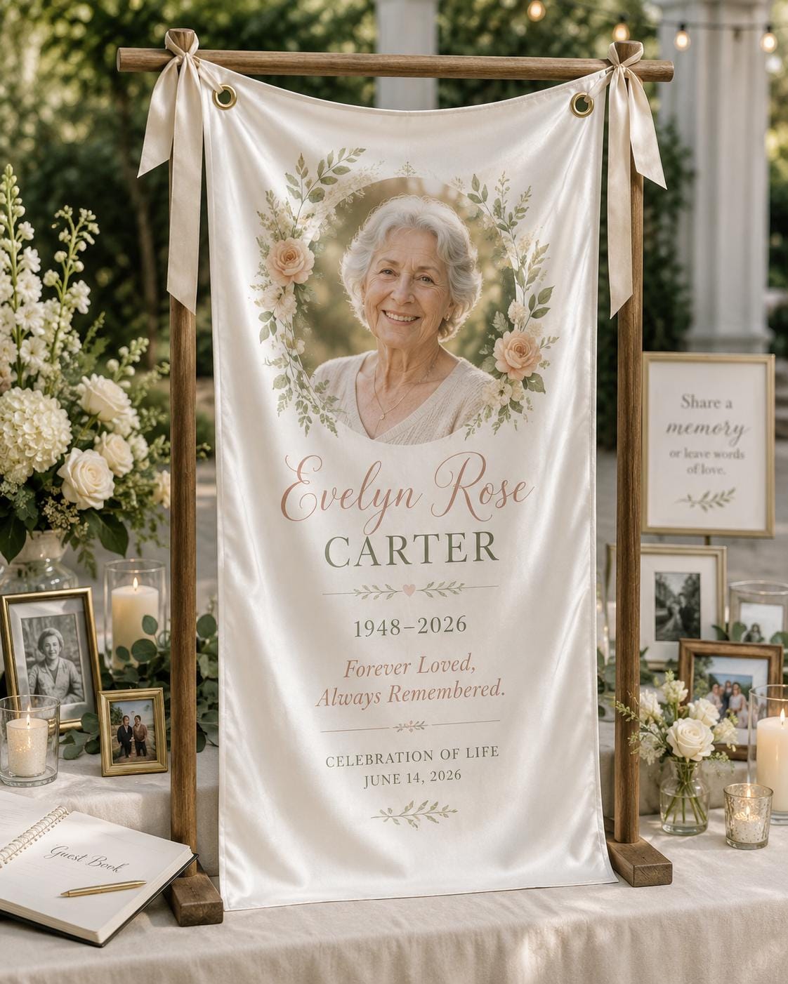 Memorial Photo Banner, Personalized Celebration of Life Fabric Sign, Custom Satin Remembrance Banner - product image 8
