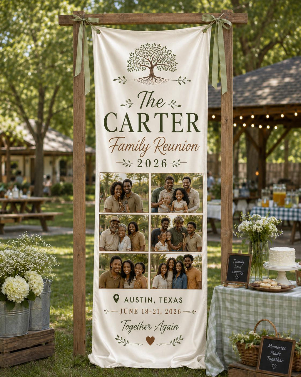 Family Reunion Photo Banner, Custom Surname Fabric Sign, Personalized Satin Family Gathering Backdrop - product image 5
