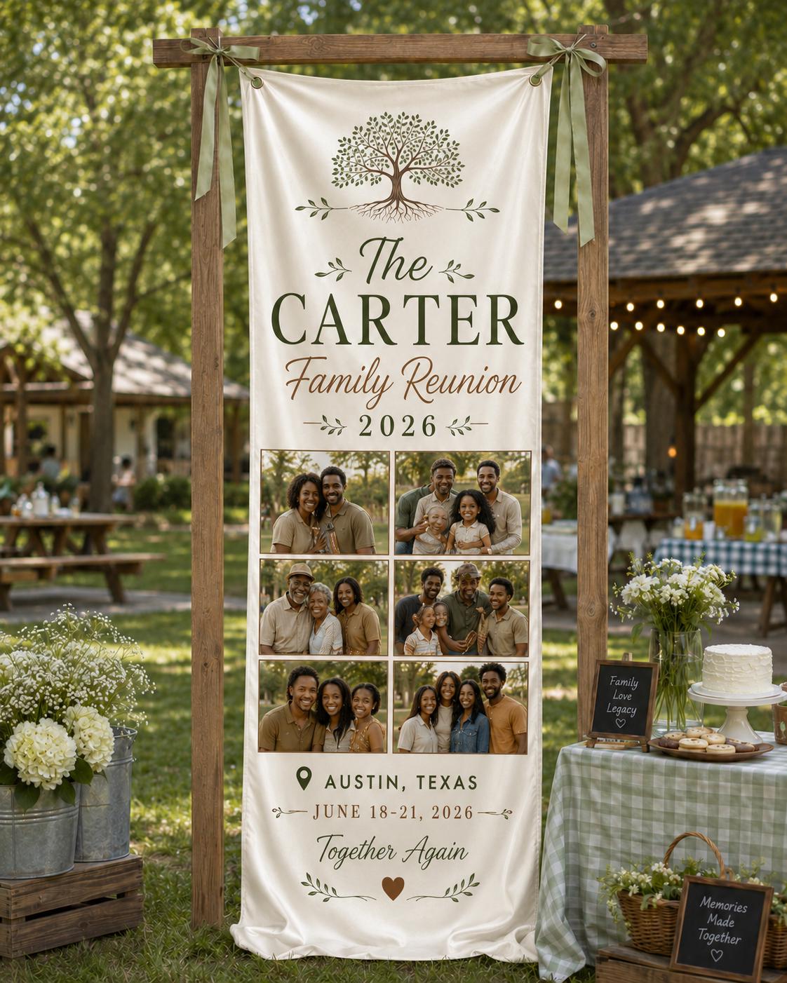 Family Reunion Photo Banner, Custom Surname Fabric Sign, Personalized Satin Family Gathering Backdrop - product image 5
