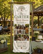 Family Reunion Photo Banner, Custom Surname Fabric Sign, Personalized Satin Family Gathering – main product view