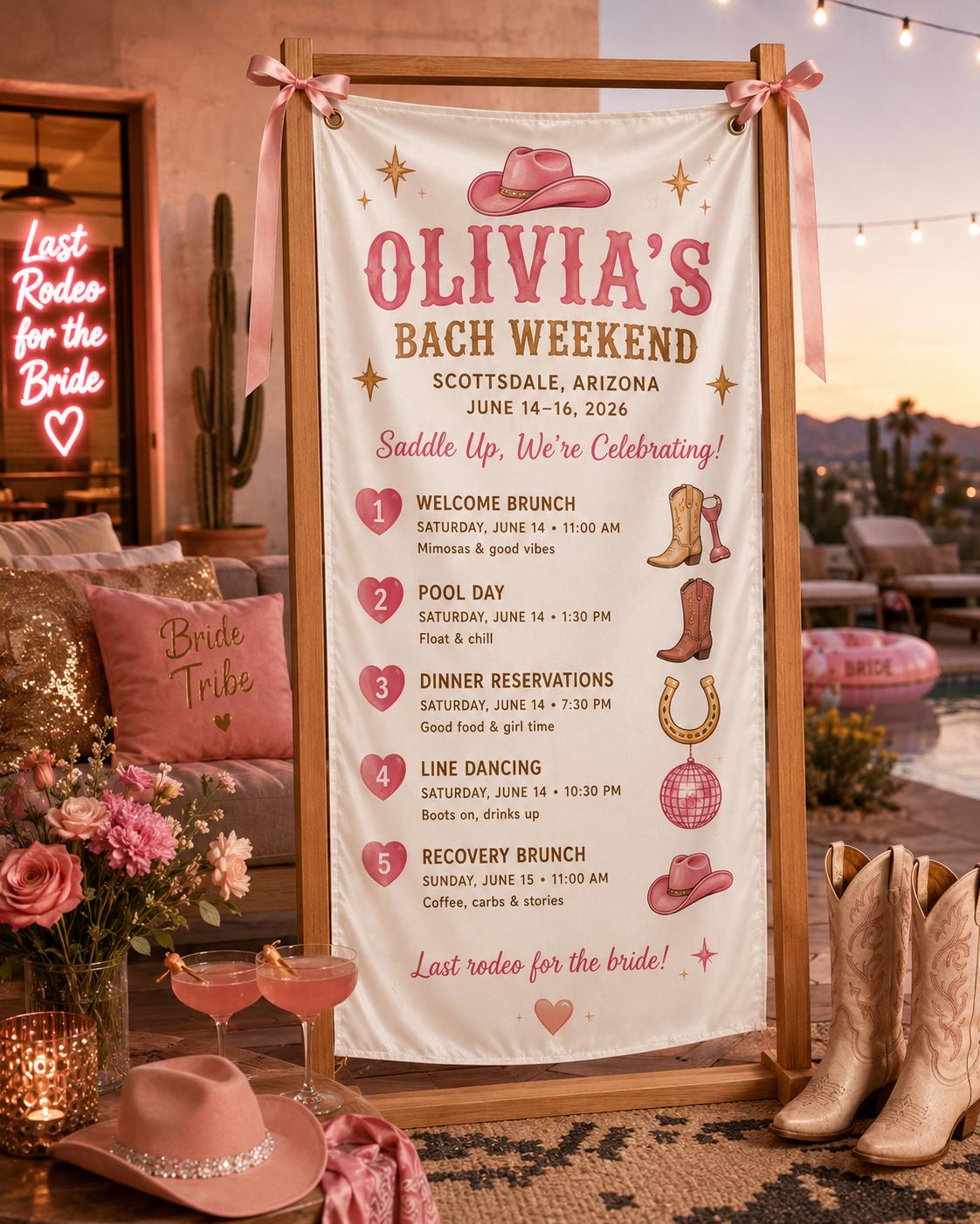 Bachelorette Weekend Itinerary Banner, Custom Bach Party Fabric Sign, Personalized Bride Crew Satin Banner - product image 9