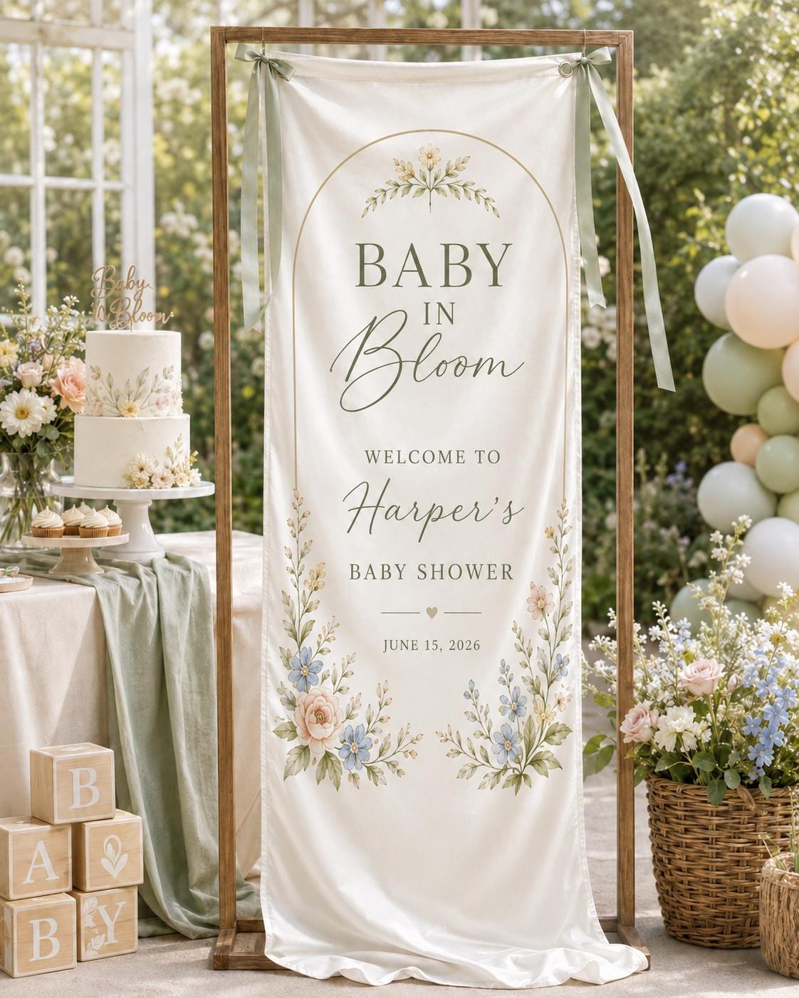 Baby in Bloom Garden Banner, Personalized Floral Baby Shower Welcome Sign - product image 9
