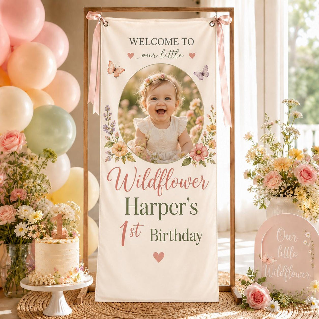 Wildflower First Birthday Banner, Personalized Satin Welcome Sign, Floral Party Backdrop - product image 6