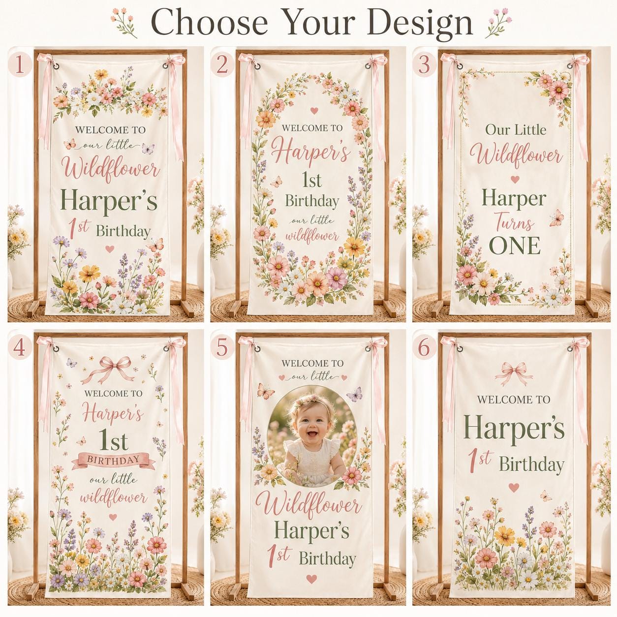 Wildflower First Birthday Banner, Personalized Satin Welcome Sign, Floral Party Backdrop - product image 3