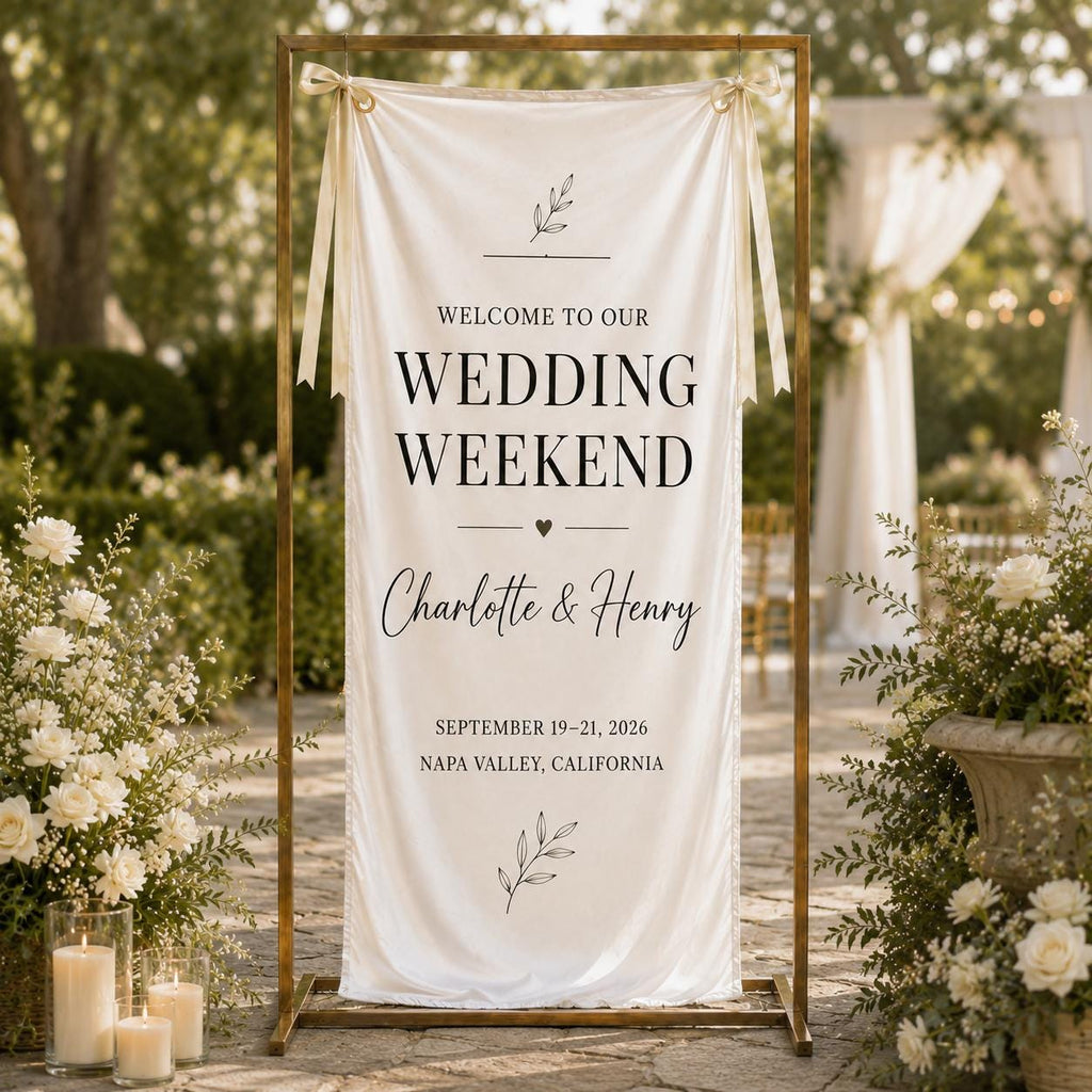 Wedding Weekend Banner, Personalized Satin Welcome Sign, Custom Fabric Wedding Event Decor - product image 1