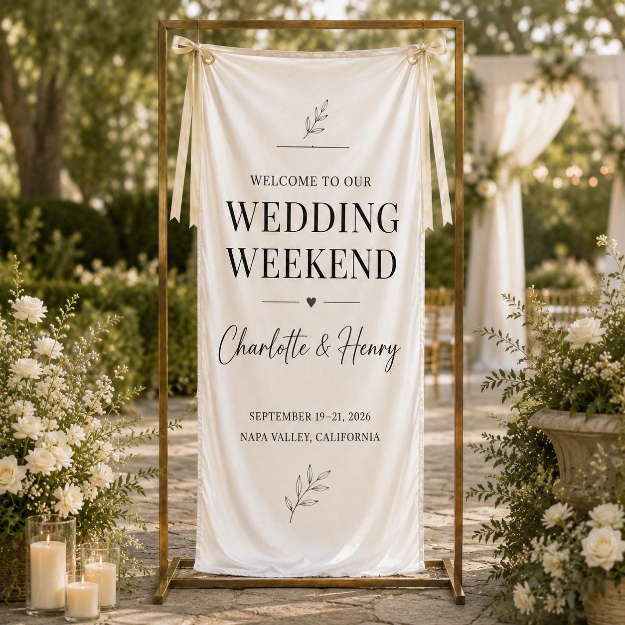 Wedding Weekend Banner, Personalized Satin Welcome Sign, Custom Fabric Wedding Event Decor - product image 1