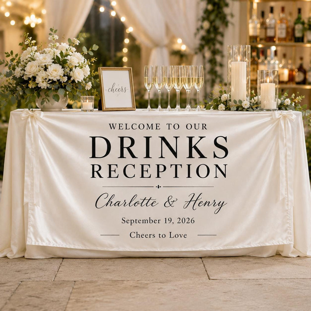 Welcome Drinks Banner, Personalized Satin Wedding Bar Sign, Custom Fabric Cocktail Reception Decor - product image 1