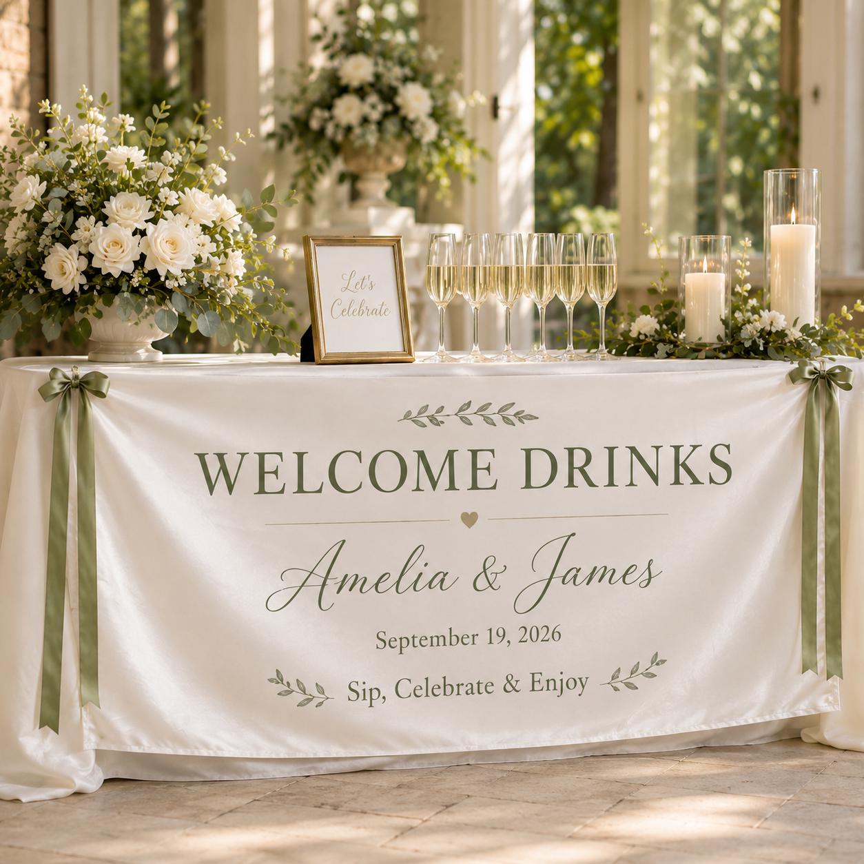 Welcome Drinks Banner, Personalized Satin Wedding Bar Sign, Custom Fabric Cocktail Reception Decor - product image 5