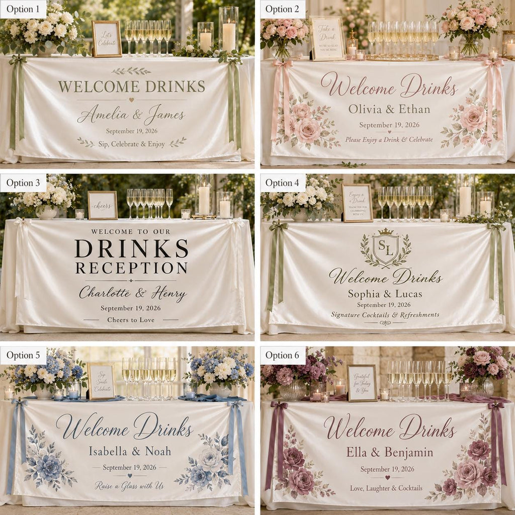 Welcome Drinks Banner, Personalized Satin Wedding Bar Sign, Custom Fabric Cocktail Reception Decor - product image 3