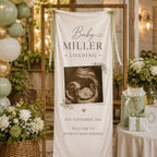 Personalized Satin Baby Shower Welcome Banner, Custom Due Date Fabric Sign – main product view