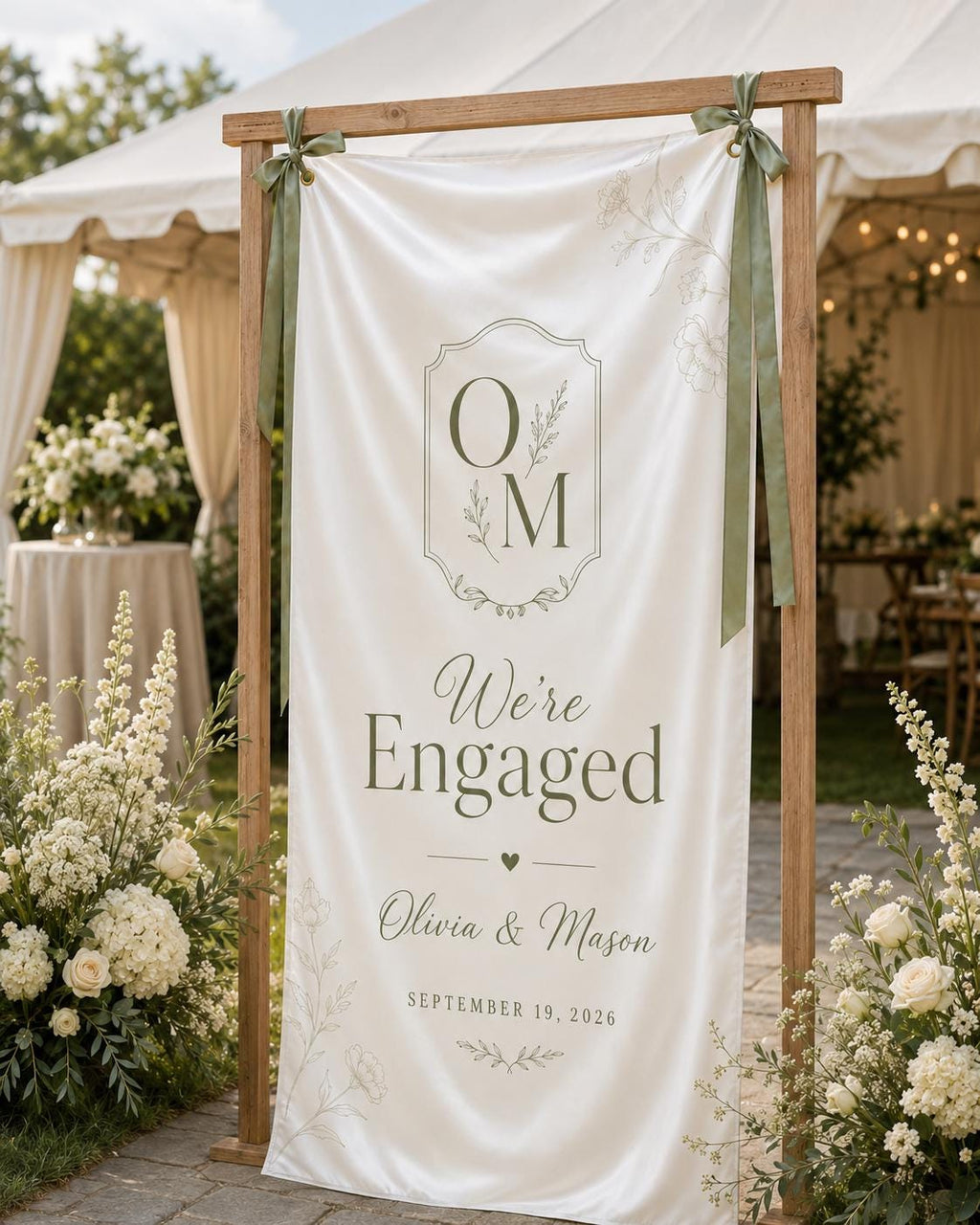 Custom Engagement Party Banner, Personalized Fabric Welcome Sign, We’re Engaged Satin Banner - product image 7