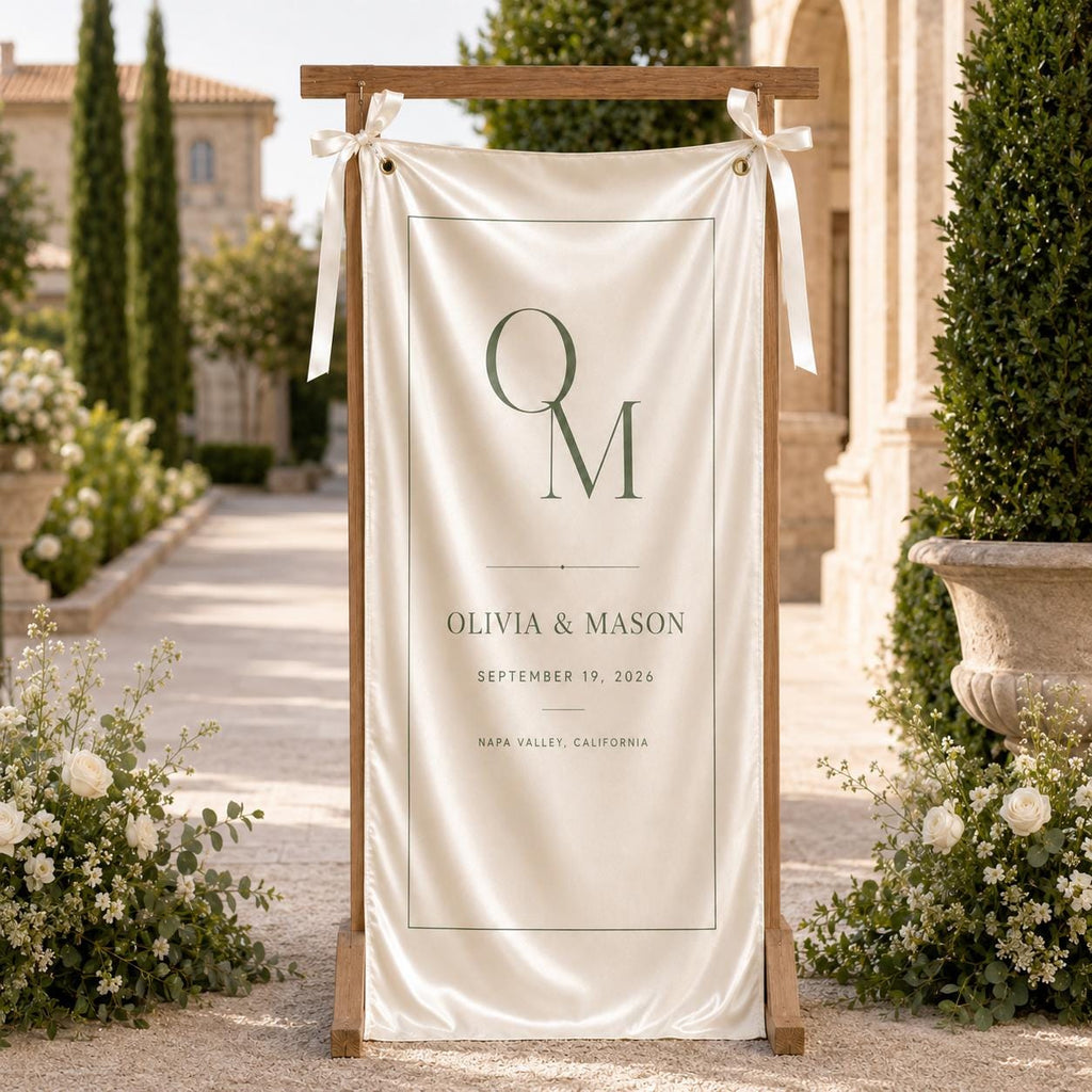 Minimal Monogram Wedding Banner, Personalized Satin Fabric Welcome Sign, Custom Couple Initials Banner - product image 6